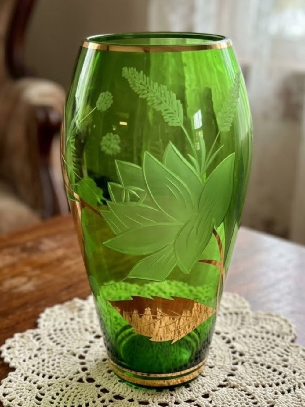 Vintage Emerald Green Glass Vase Gold Enamel Leaves
Czech Bohemian
MCM